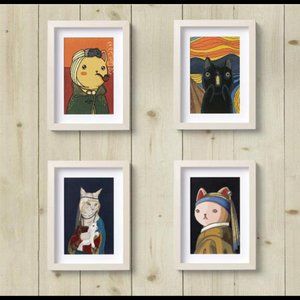 Vincent Van Gogh Funny Cats Parody Wall Art Decor Set of 4 Print 8.5x11